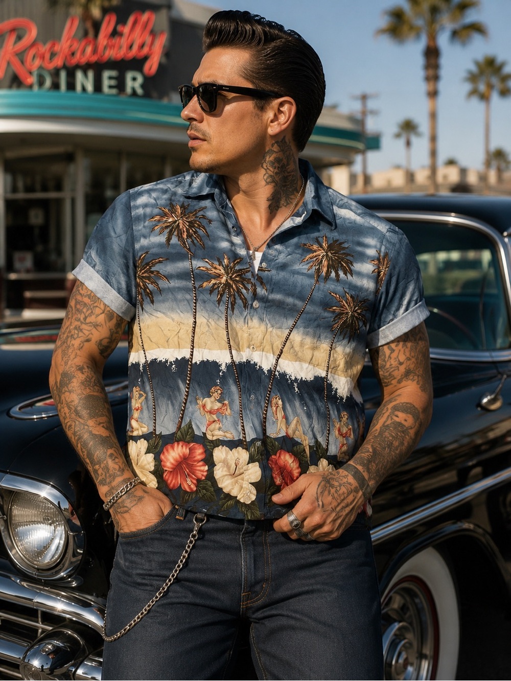 Mens button up pinup girls palm trees Vacation Style Shirt Size M​​​​​​​